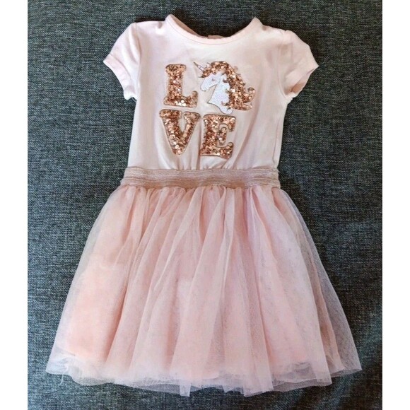 Dress 2T Girls Btween Peachy Pink Sequence Love Unicorn Ballerina - Picture 1 of 8